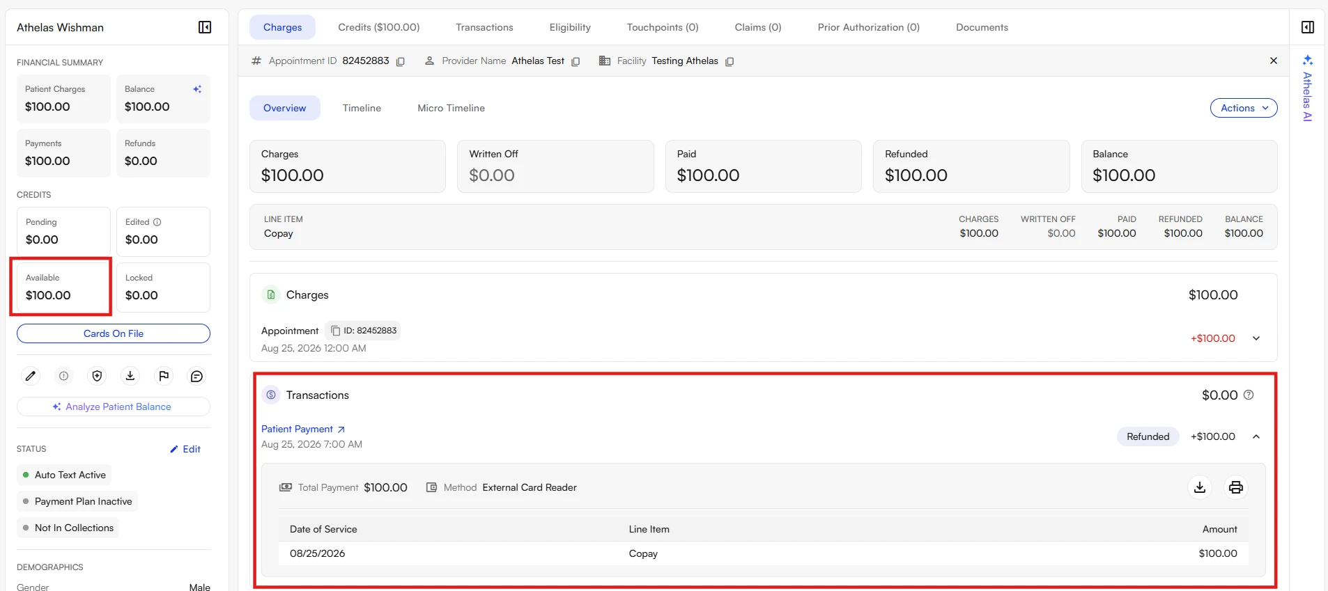 Charge Details with the transaction timeline expanded at the bottom, showing a patient payment marked as Refunded and available credit of 100 dollars in the sidebar