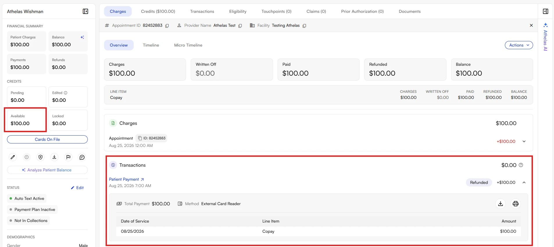 Checking the transaction timeline for an existing credit Charge Details with the transaction timeline expanded at the bottom, showing a patient payment marked as Refunded and available credit of 100 dollars in the sidebar