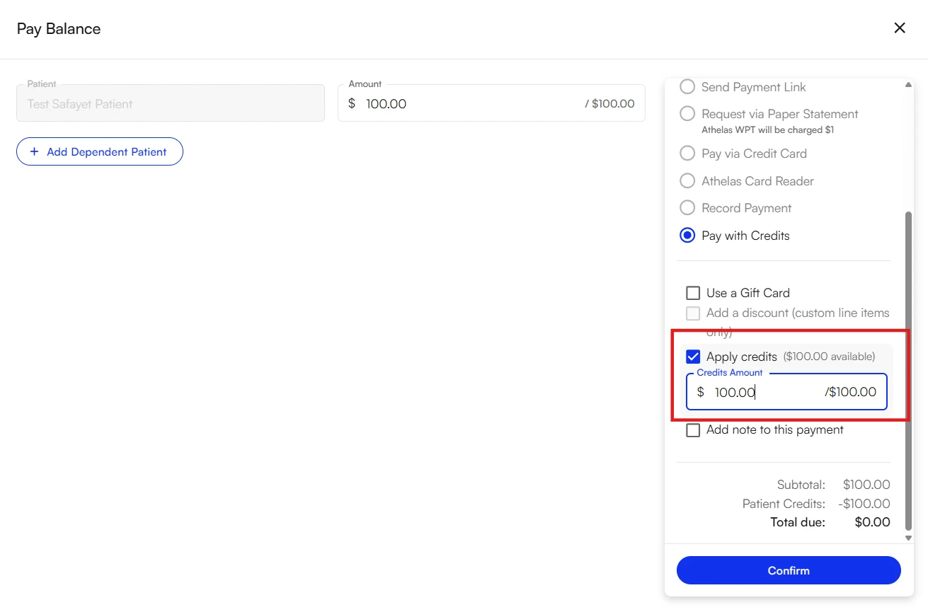 The Pay Balance modal with Pay with Credits selected and Apply credits checked for the full 100 dollars, bringing the total due to zero