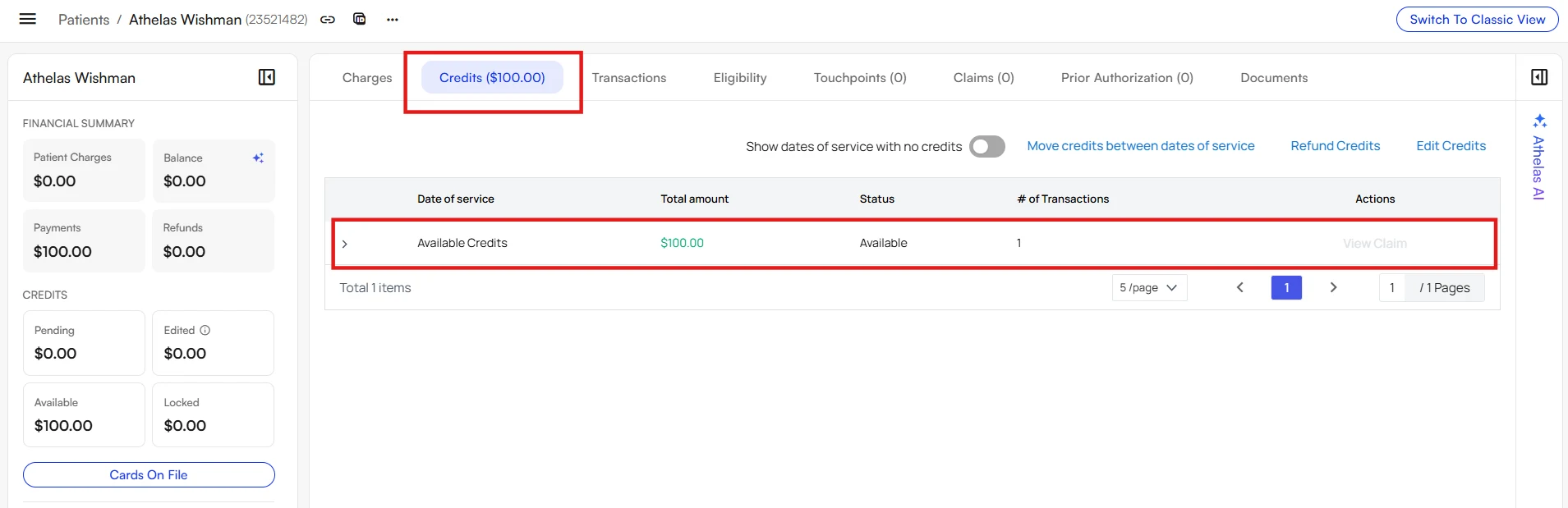 The Credits tab with a single Available Credits row of 100 dollars highlighted