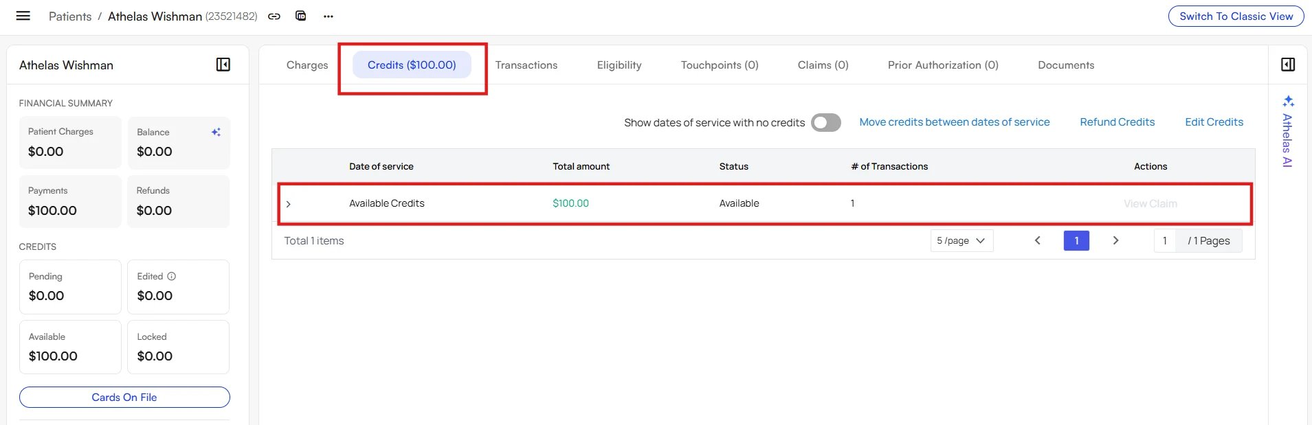 Finding the refunded credit on the Credits tab The Credits tab with a single Available Credits row of 100 dollars highlighted