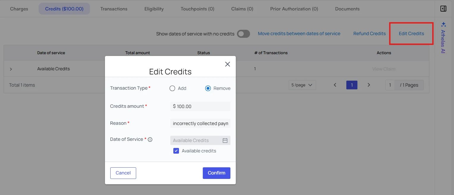 Removing a credit through Edit Credits The Edit Credits modal with Transaction Type set to Remove, a credits amount of 100 dollars, and a reason entered