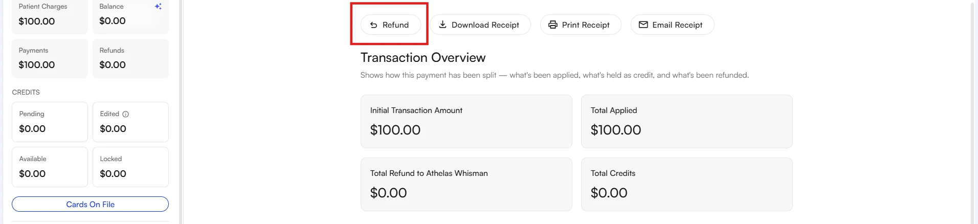 A transaction detail view with the Refund button highlighted above the Transaction Overview summary