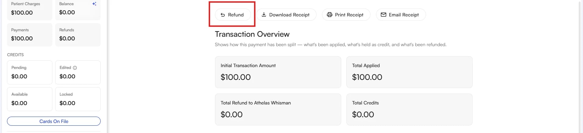 Refunding the incorrectly posted payment A transaction detail view with the Refund button highlighted above the Transaction Overview summary
