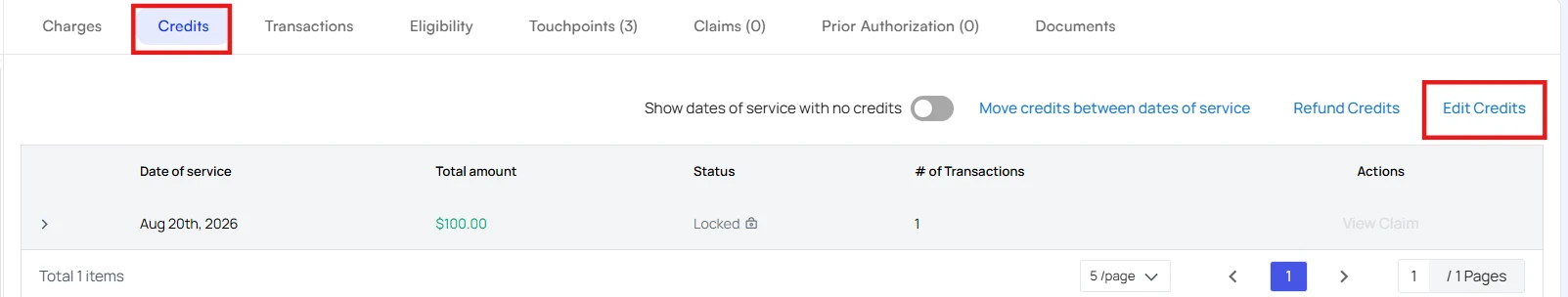 The Credits tab with the Credits tab label and the Edit Credits link both highlighted