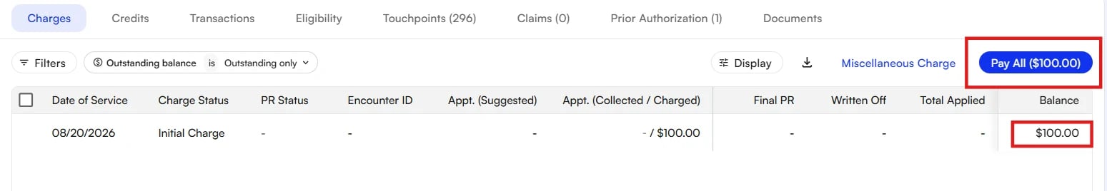 Finding the outstanding balance on the correct account The Charges tab filtered to outstanding balances, showing one charge with a balance of 100 dollars and a Pay All button