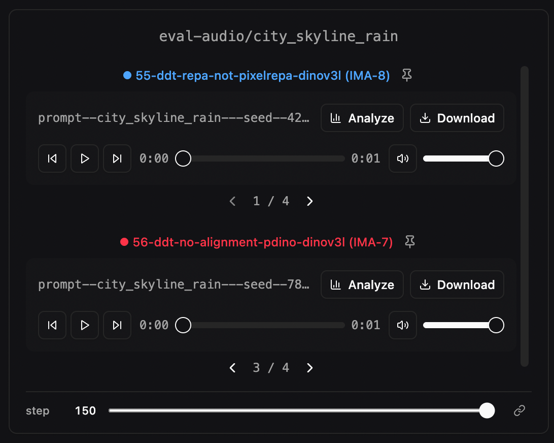 Two runs' audio players showing 1/4 and 3/4 multi-sample nav