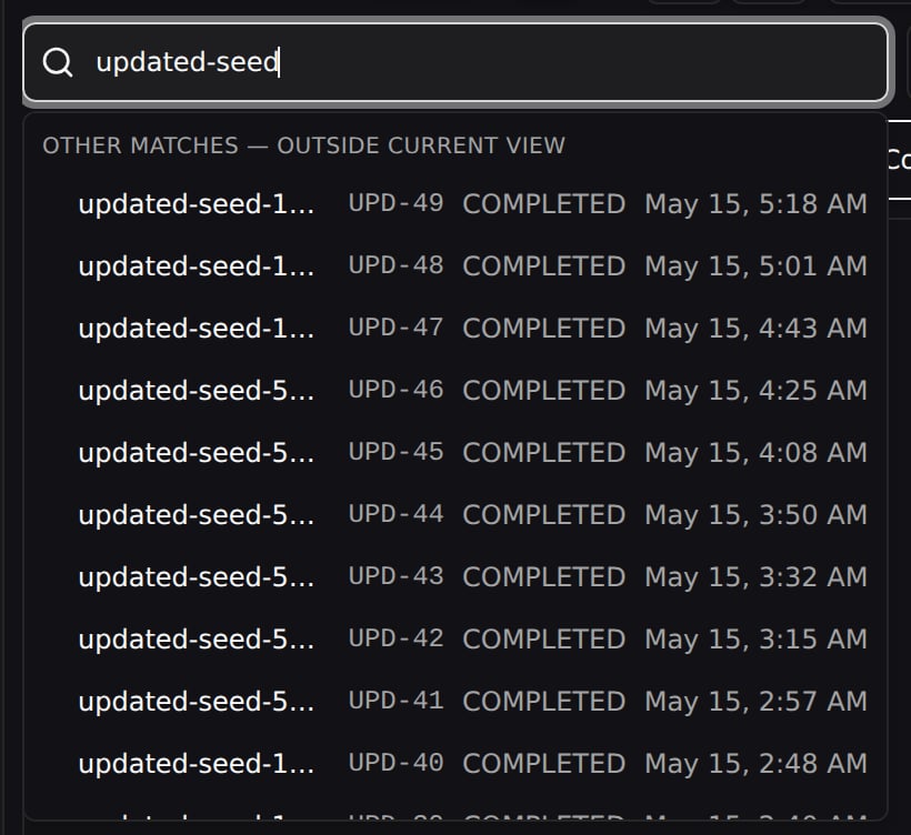Searching while the Failed filter is active surfaces the Completed runs it hides in the Other matches dropdown