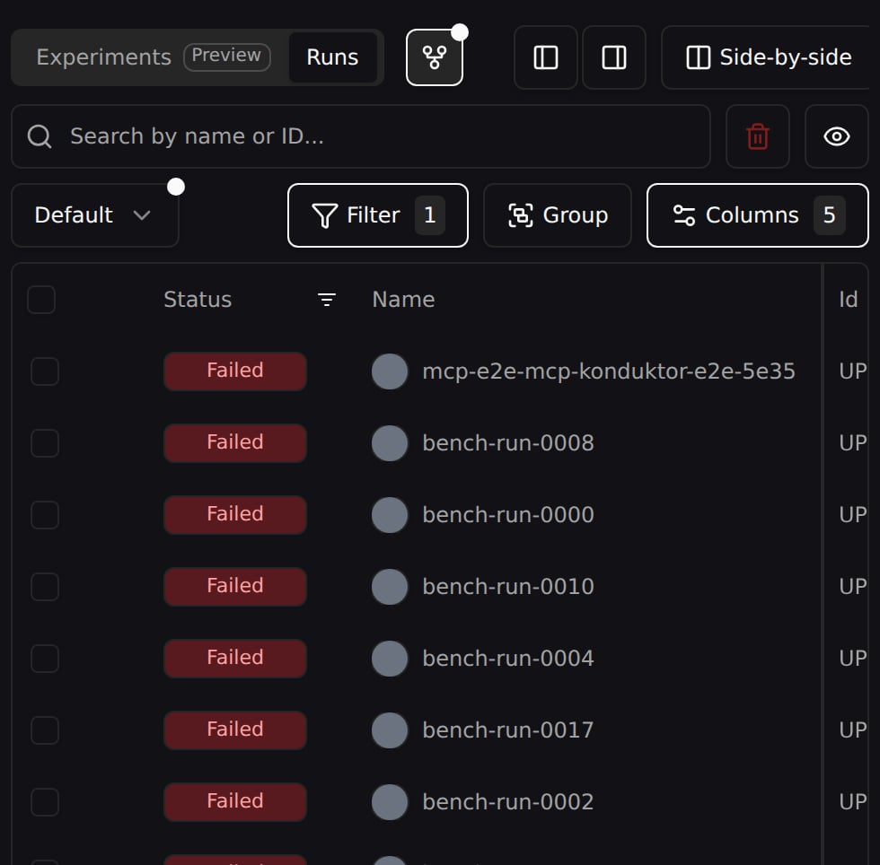 The runs table filtered to Failed runs, with the Filter badge showing 1 active filter
