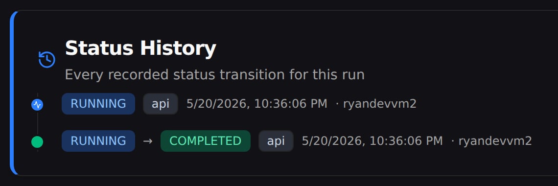 Status History of a completed run: it went RUNNING, then COMPLETED