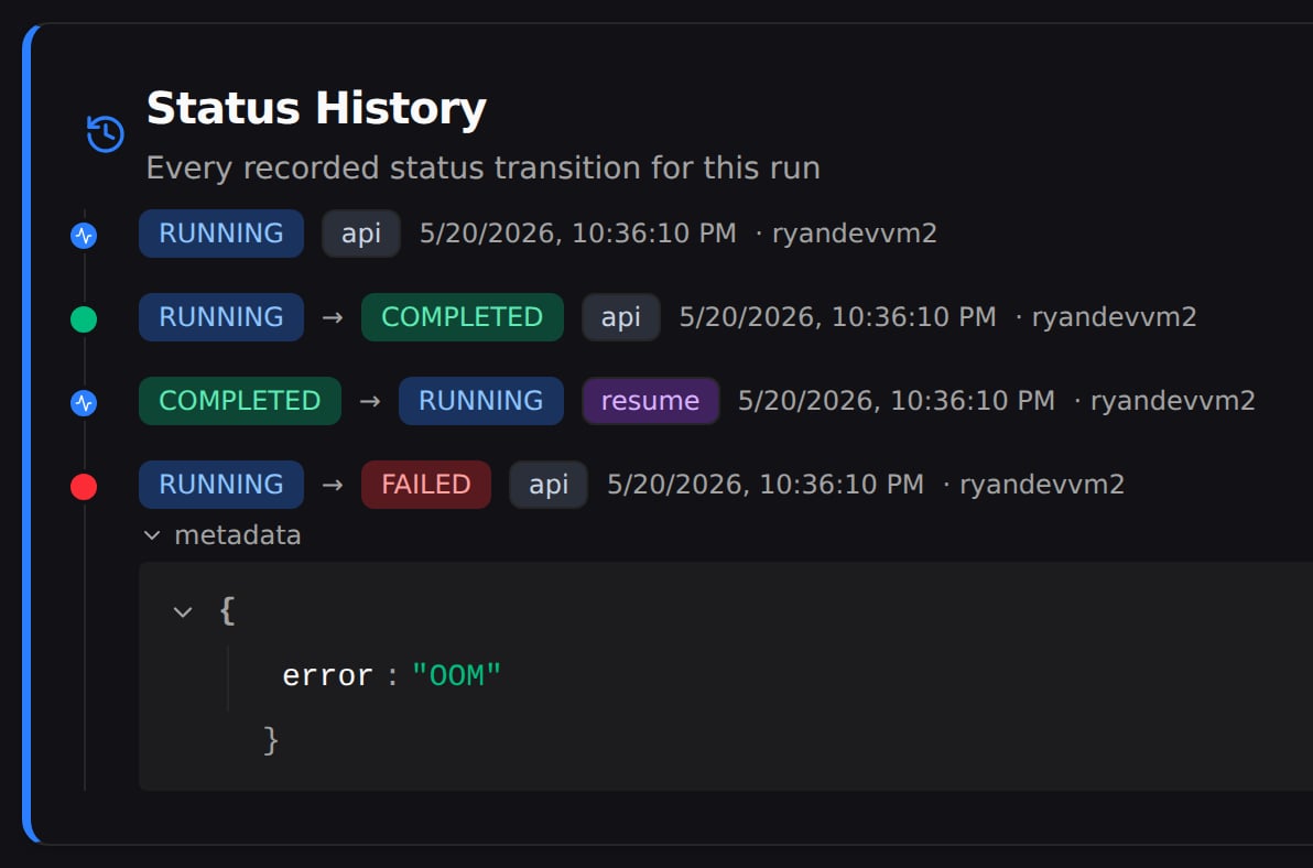 Status History of a run that completed, was resumed, then failed with an out-of-memory error