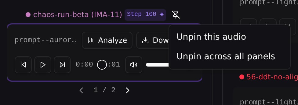 Unpin menu on a pinned audio card