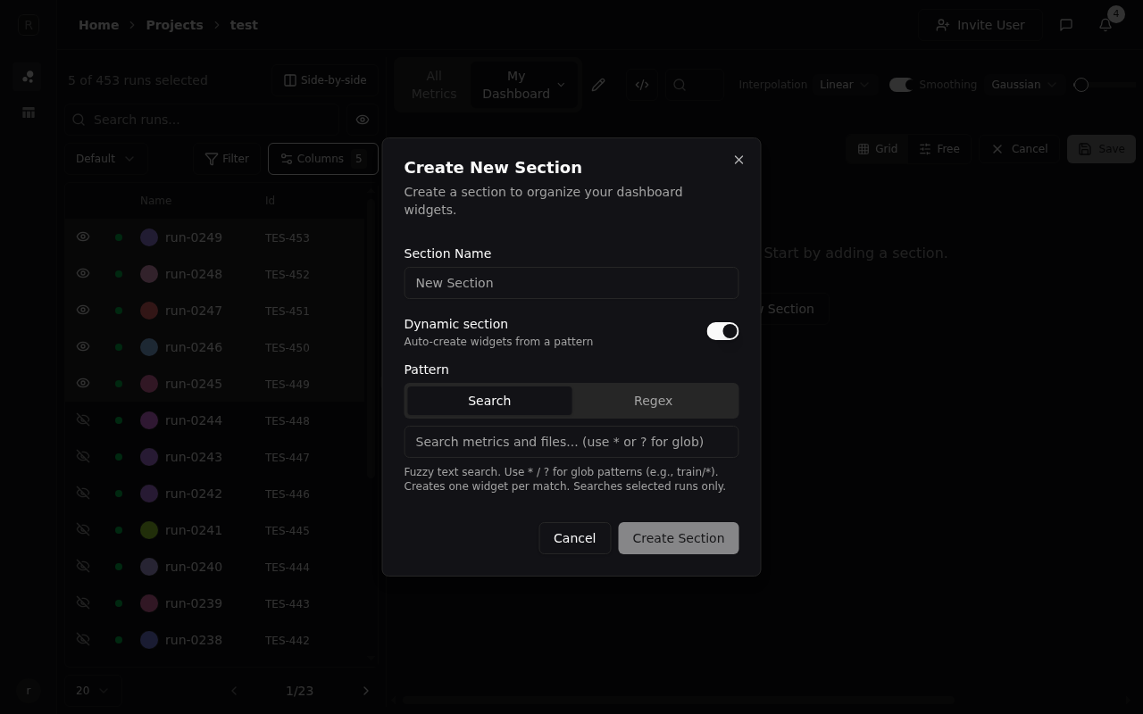 Dynamic section dialog