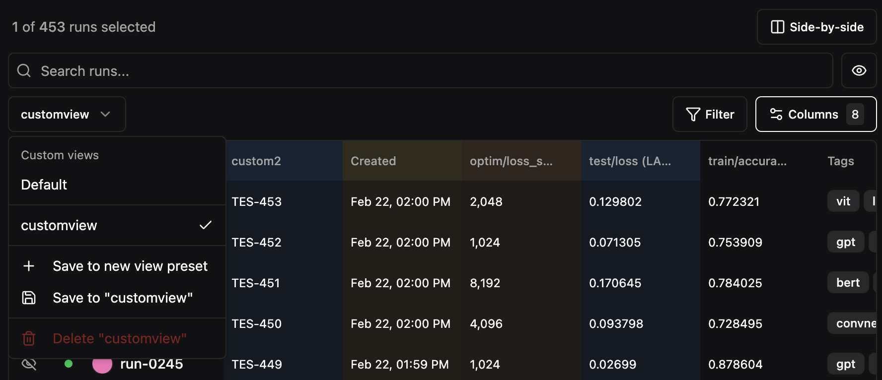 Preset views dropdown