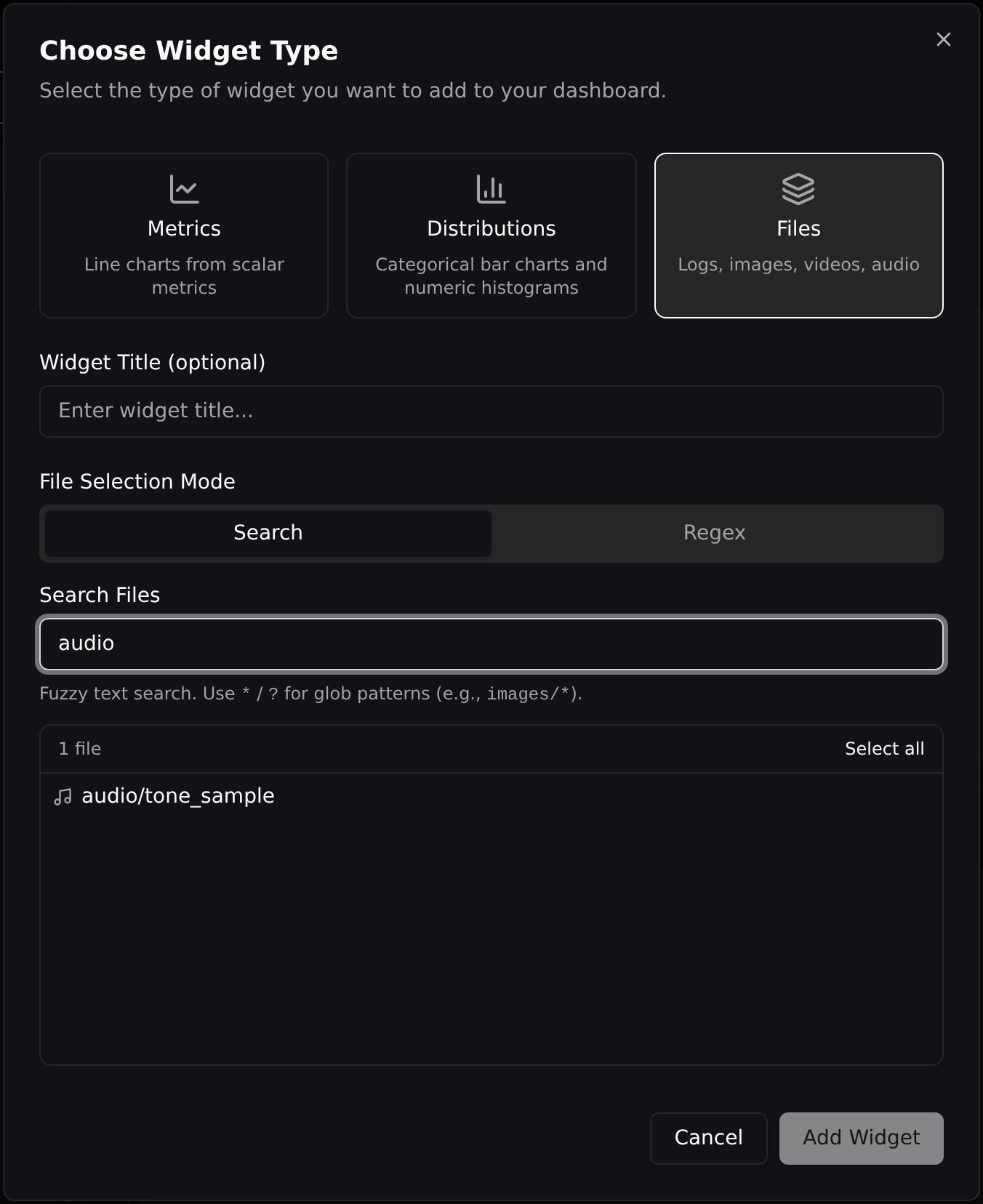 Adding a Files widget from the Add Widget modal