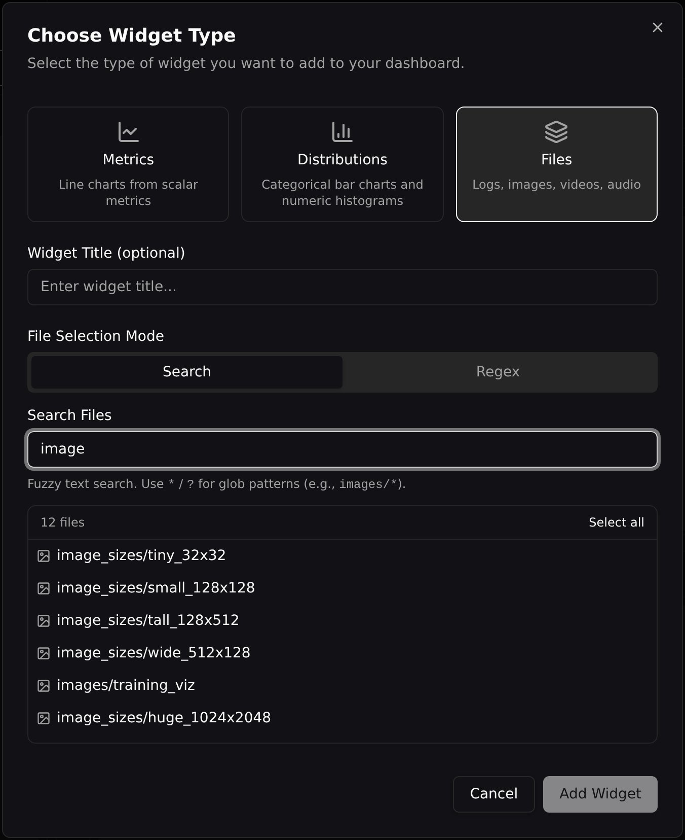 Adding a Files widget from the Add Widget modal