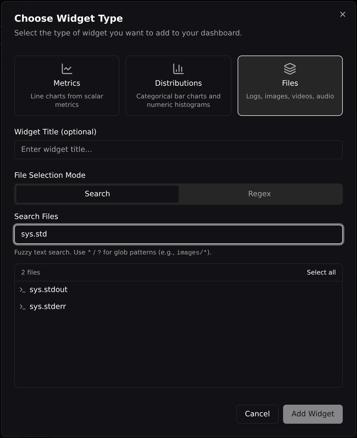 Adding a console log widget from the Add Widget modal