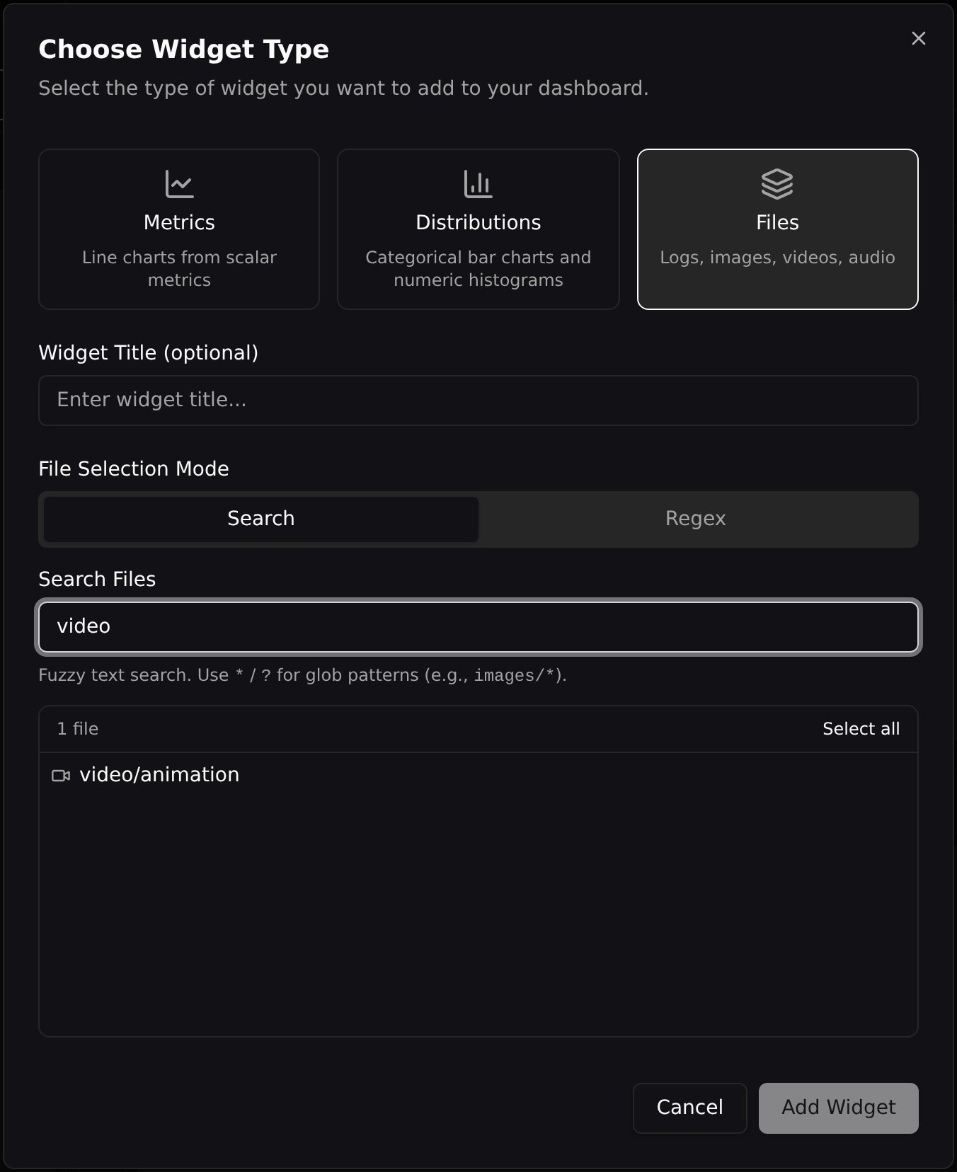 Adding a Files widget from the Add Widget modal