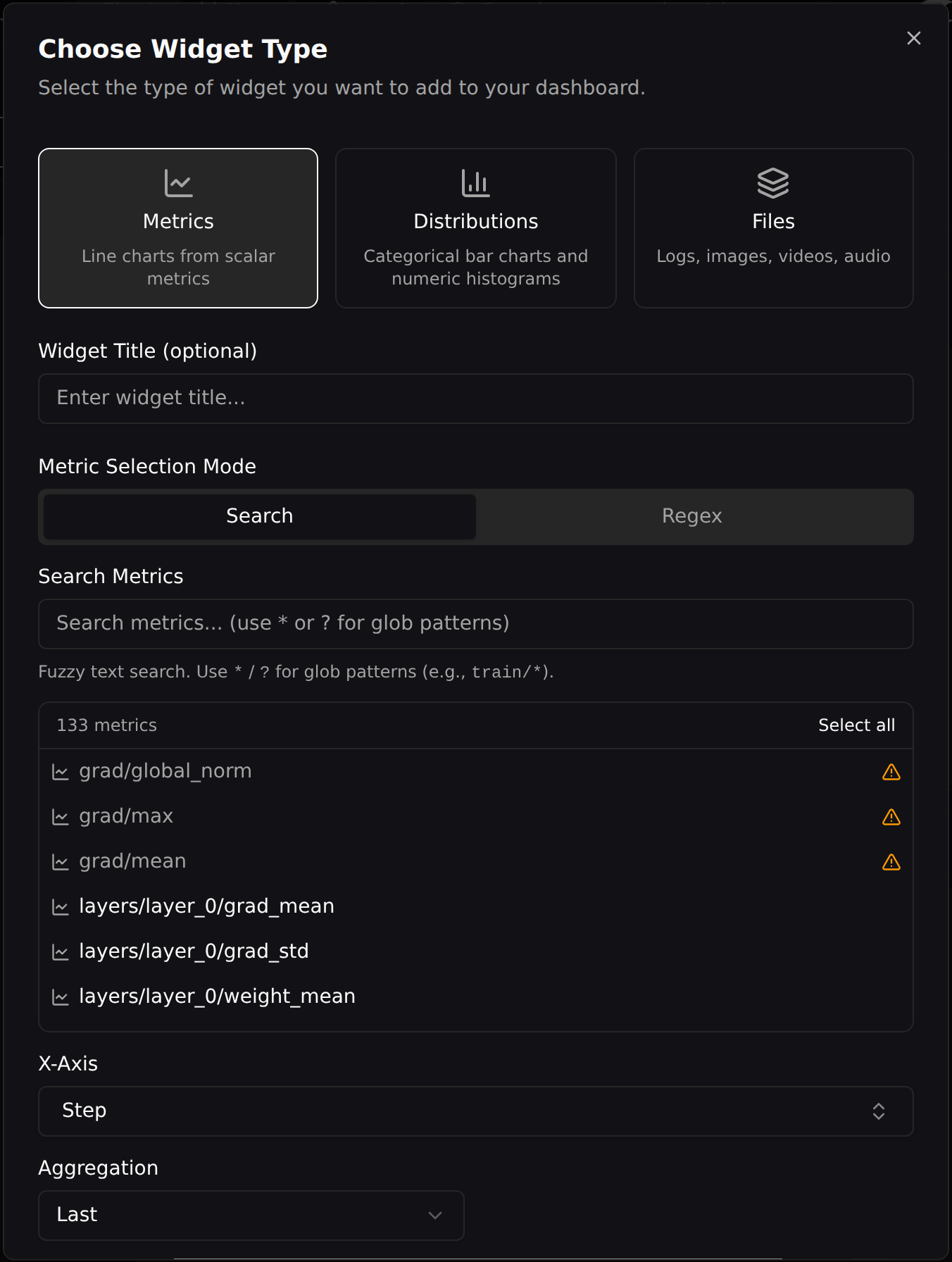 Adding a Metrics widget from the Add Widget modal