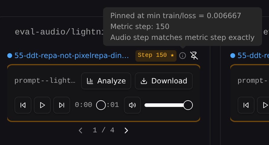 A best-step pinned audio card with its provenance popover