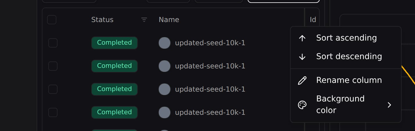 The Name column header menu, with Sort ascending and Sort descending options