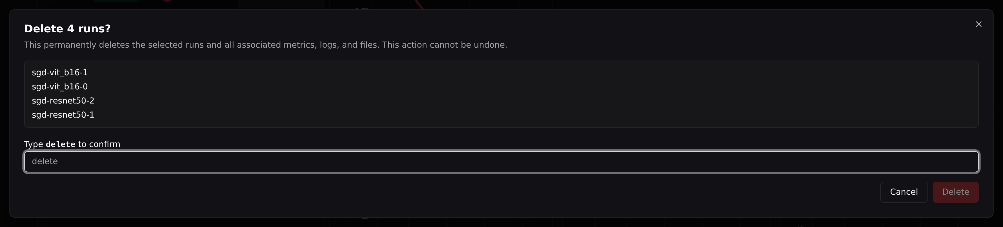 The delete confirmation dialog, previewing the runs and requiring you to type delete
