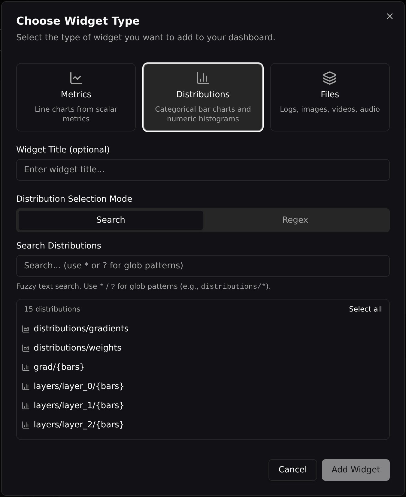 Adding a Distributions widget from the Add Widget modal
