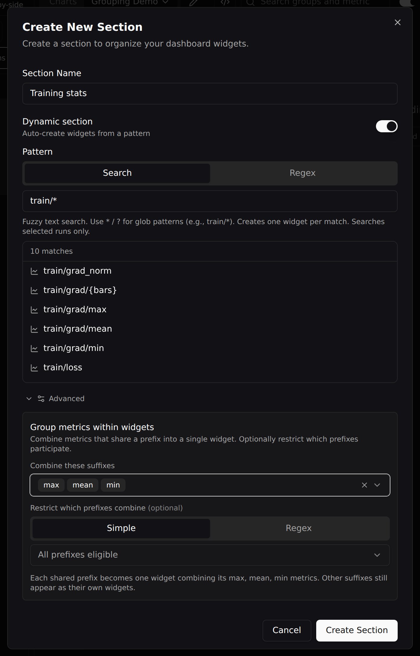 The Advanced panel of the section dialog, showing Group metrics within widgets