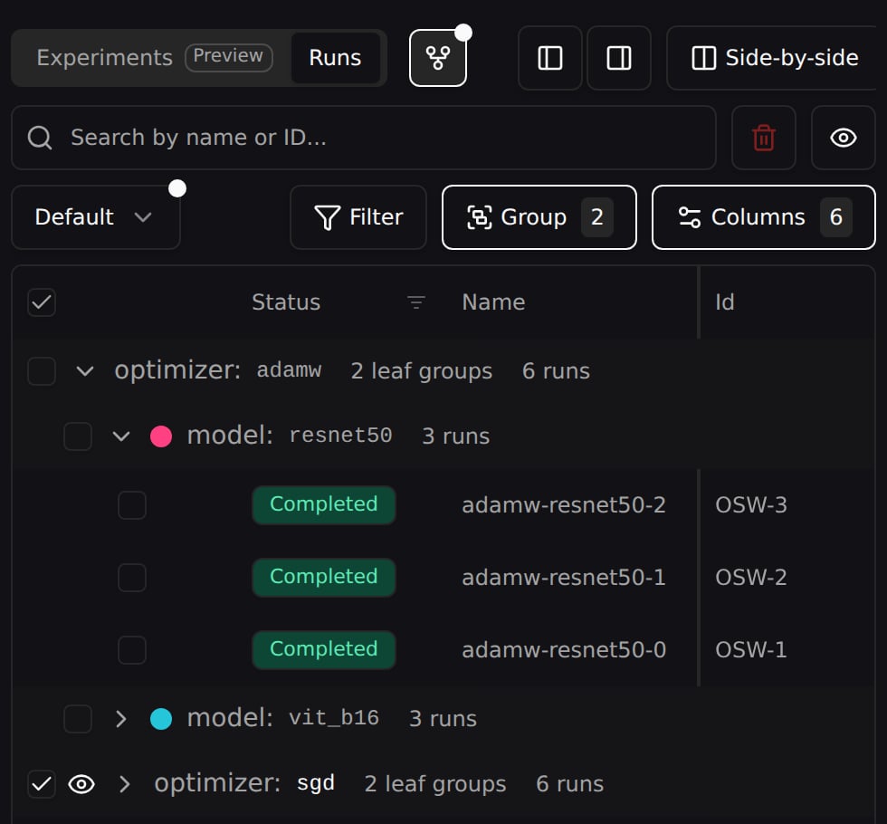 Runs grouped by optimizer, then model, with the adamw › resnet50 bucket expanded to its run rows