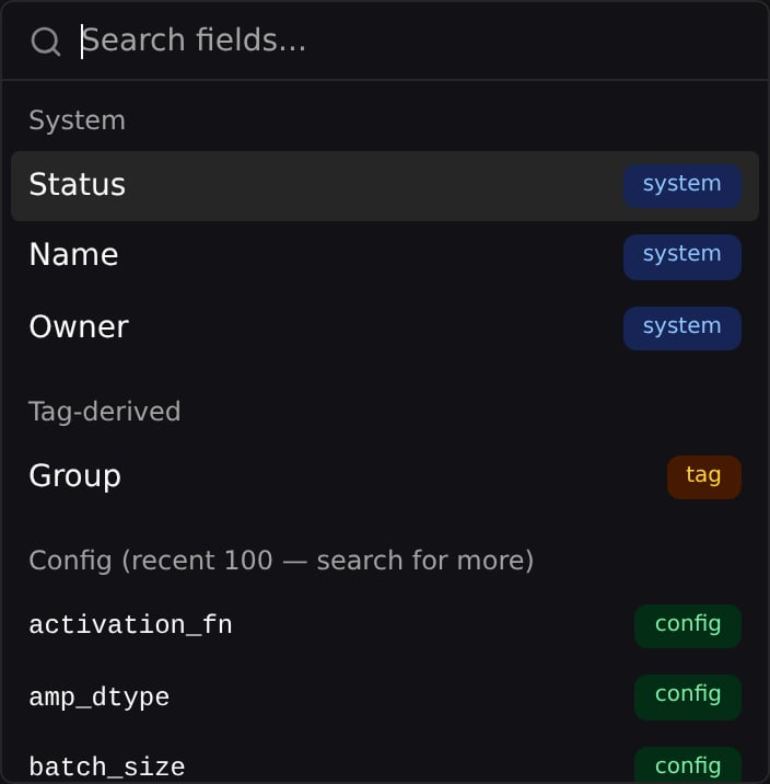 The Group runs by field picker, showing System, Tag-derived, Config, and System metadata fields