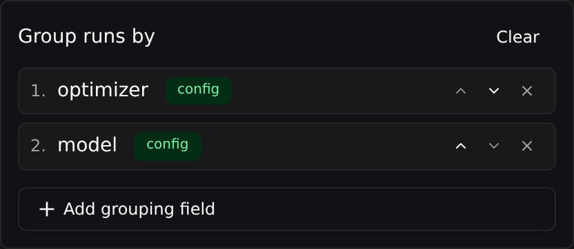 Group runs by picker with two stacked levels: optimizer, then model