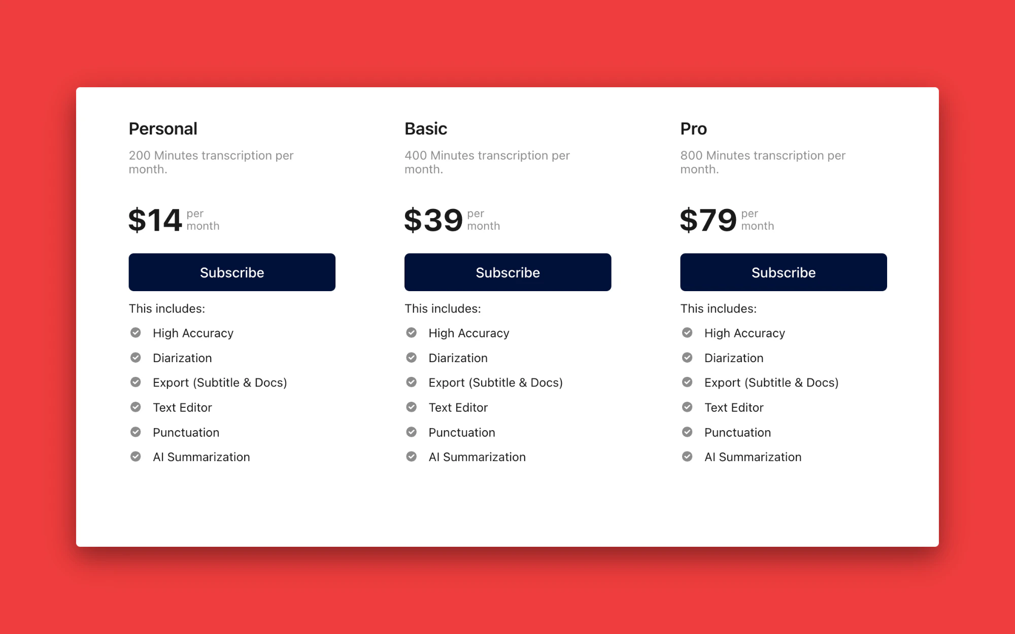 pricing table