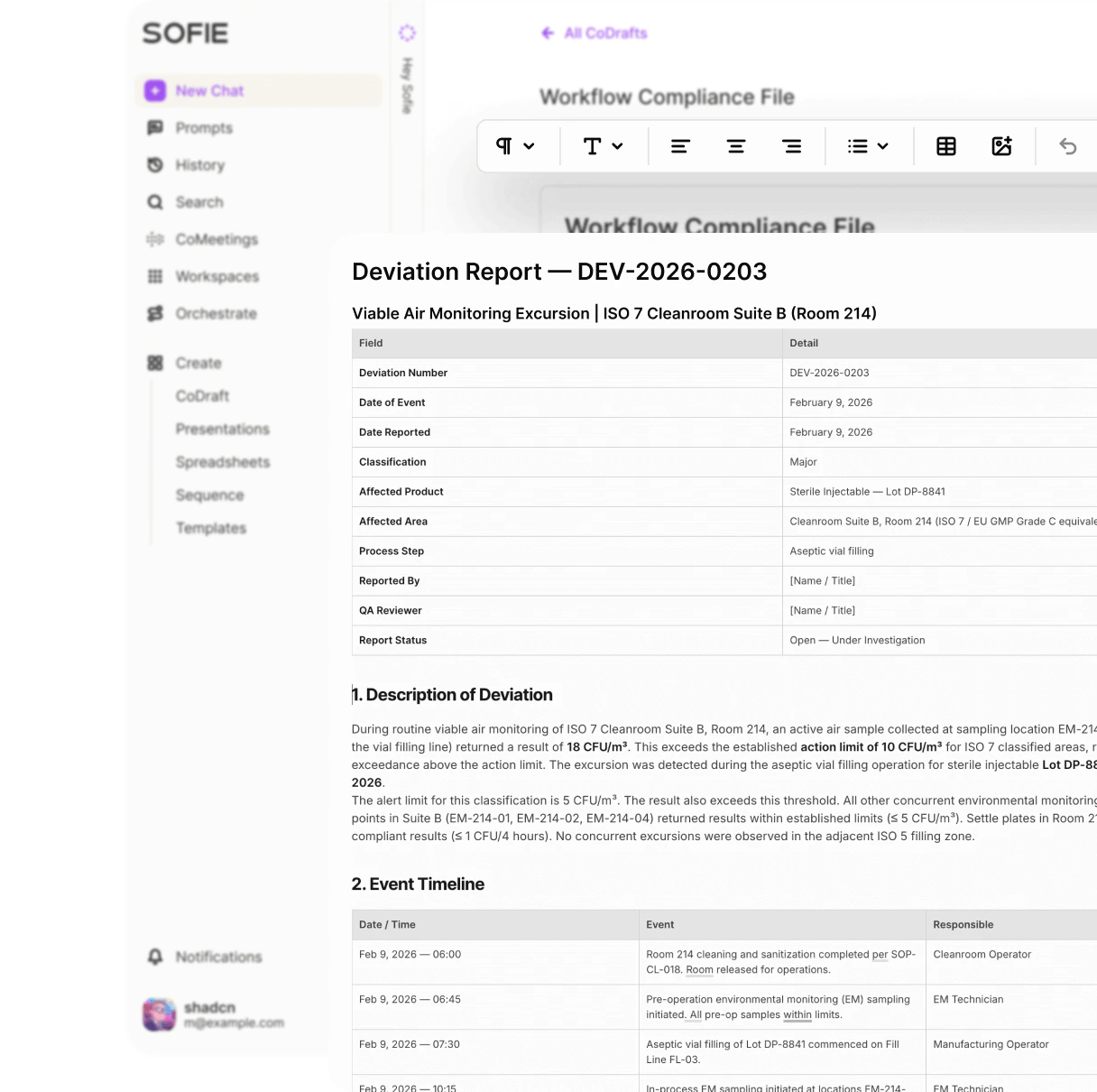 Sofie onboarding screen showing document drafting with CoDraft