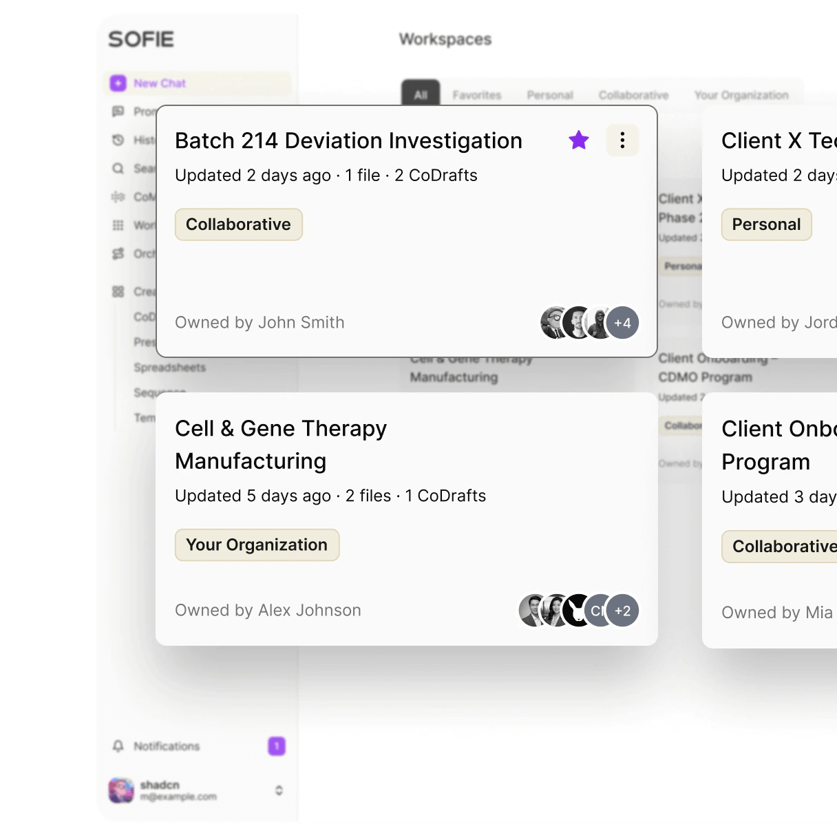 Sofie onboarding screen showing Workspaces for organizing shared work