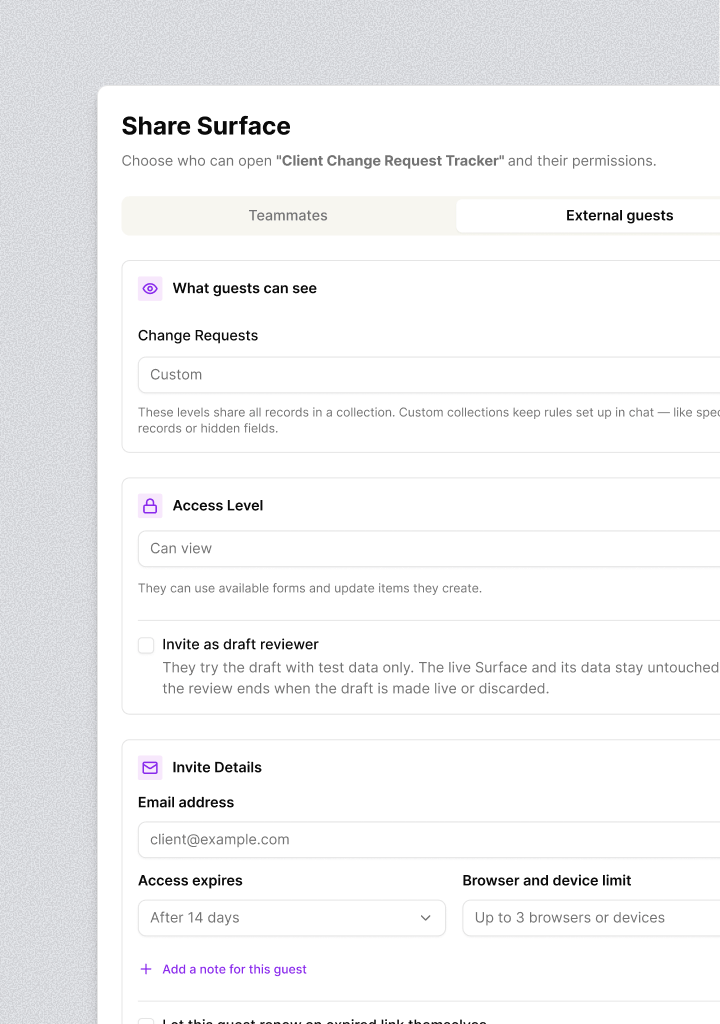 Surface sharing dialog showing external guest access controls