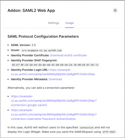Tableau de bord Applications Applications onglet Addons onglet Usage de la SAML2 Web App