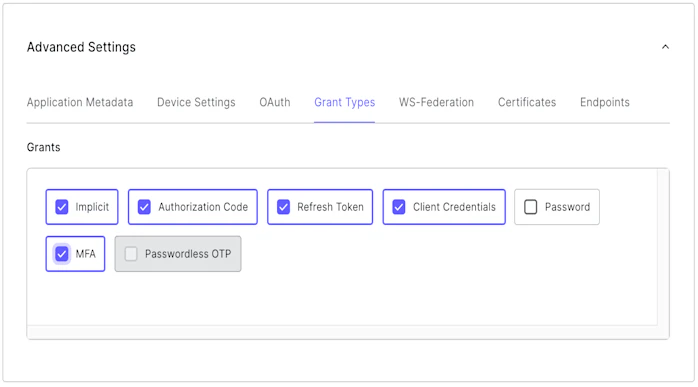 Dashboard Applications Applications Advanced Settings Grant Types tab