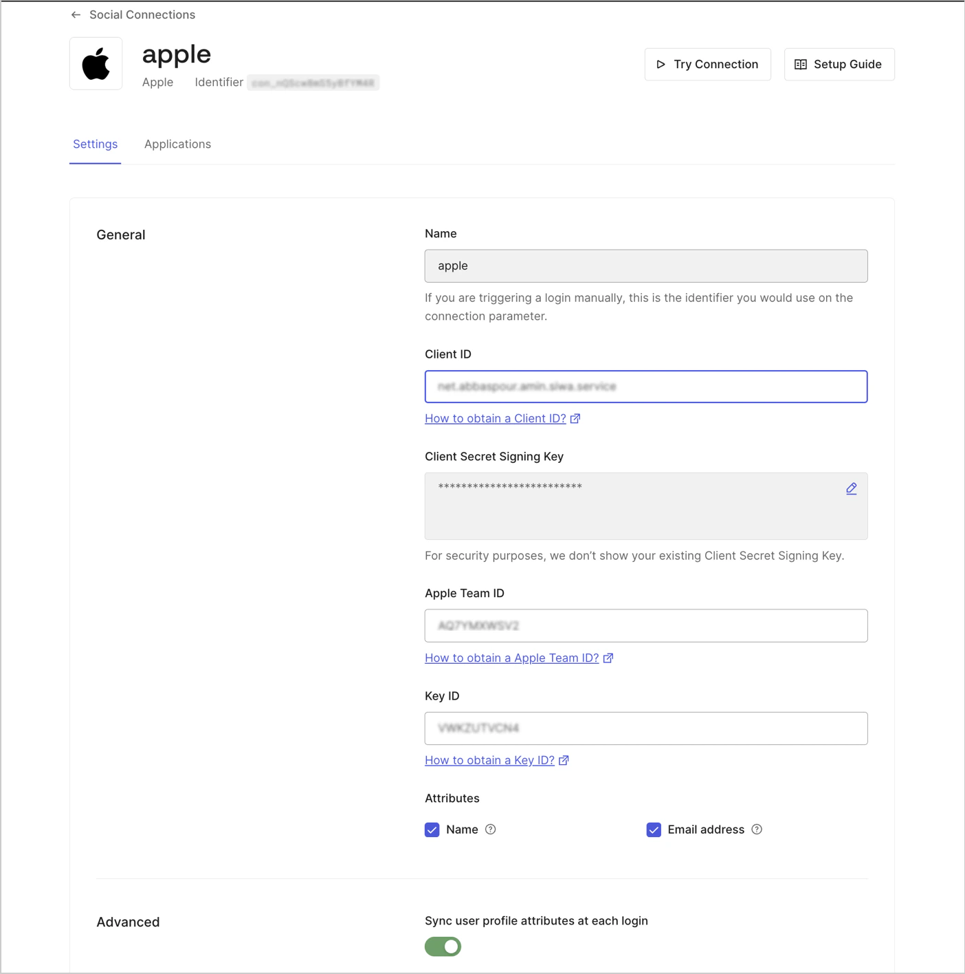 Configuración de la conexión social de Apple