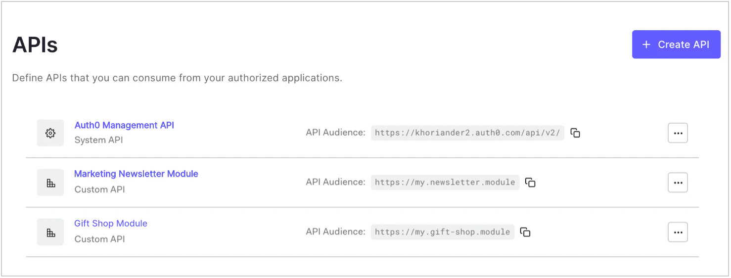 Lista de API en Dashboard > Applications > APIs