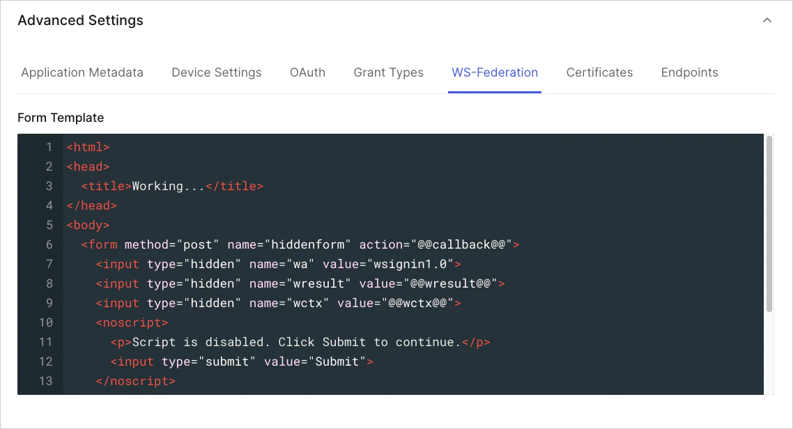 Dashboard アプリケーション Application Settings タブ Advanced WS-Federation タブ