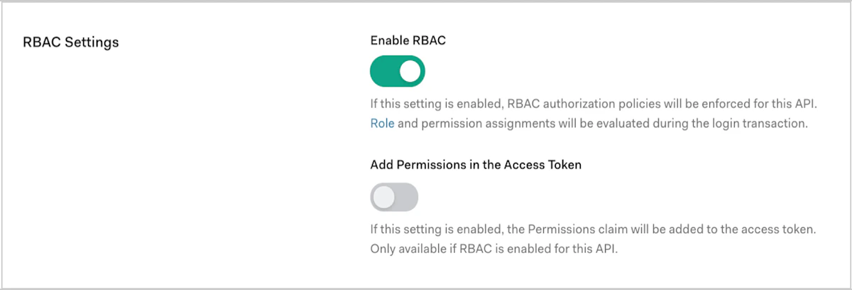 Interruptor de RBAC en la configuración de la API en Auth0 Dashboard