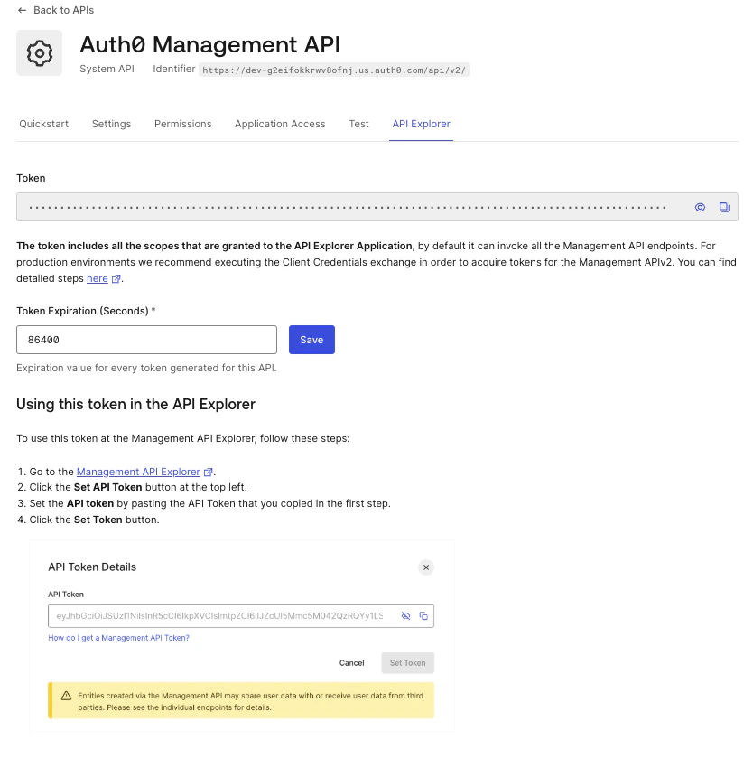 Dashboard Applications APIs Auth0 Management API Explorer Tab Authorize and Test