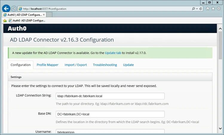 Écran de mise à jour de la console d’administration des connecteurs AD/LDAP