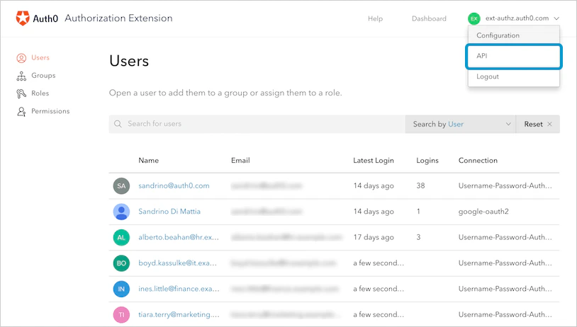 Dashboard - Extensions - Authorization Extensions Dashboard - Select API