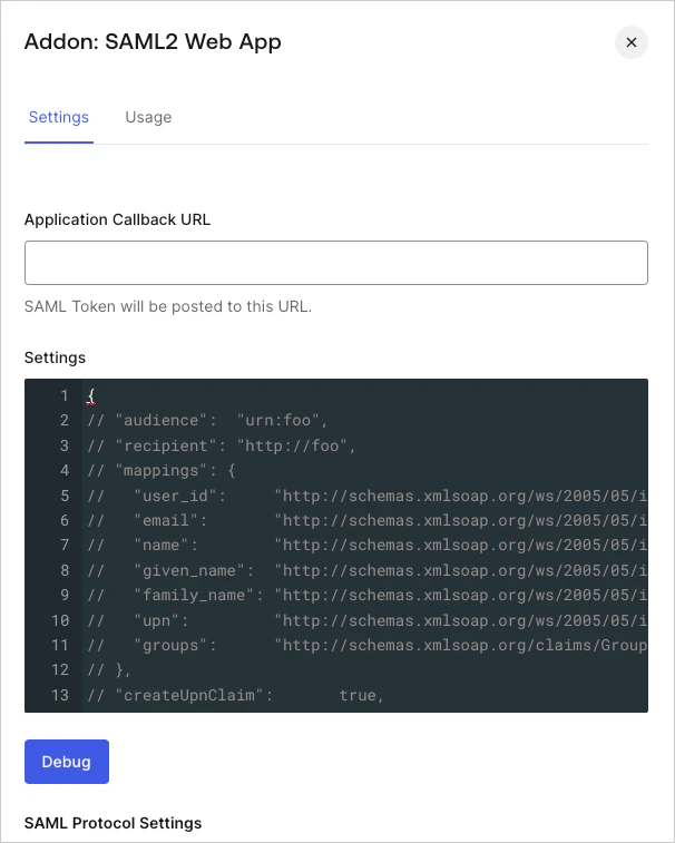 Tableau de bord Applications Applications onglet Addons onglet Settings SAML2 Web App