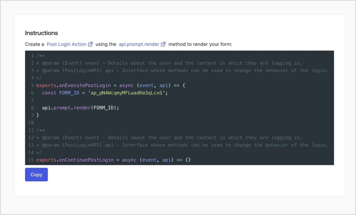 Auth0 Dashboard > Actions > Forms > Form > Intégrer