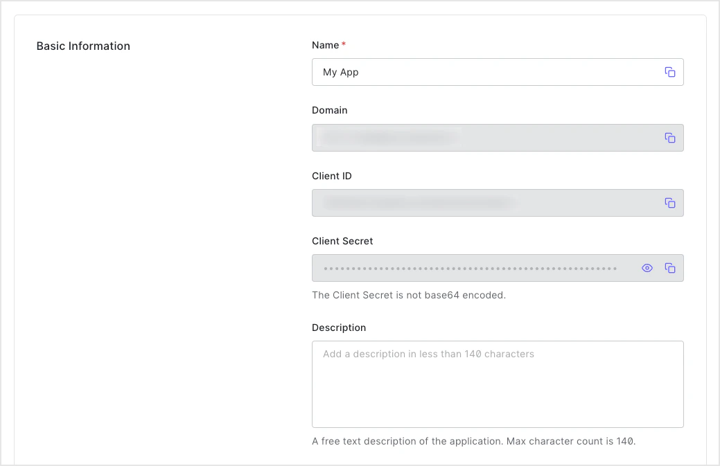 Dashboard Applications の Application Settings タブ Basic Information