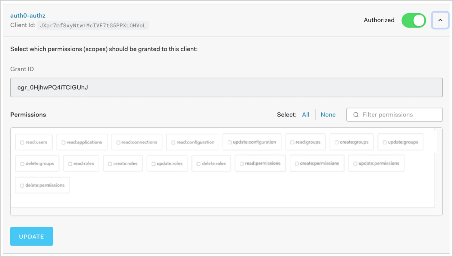 Dashboard - Tableau de bord de l’extension d’autorisation - Scopes du client