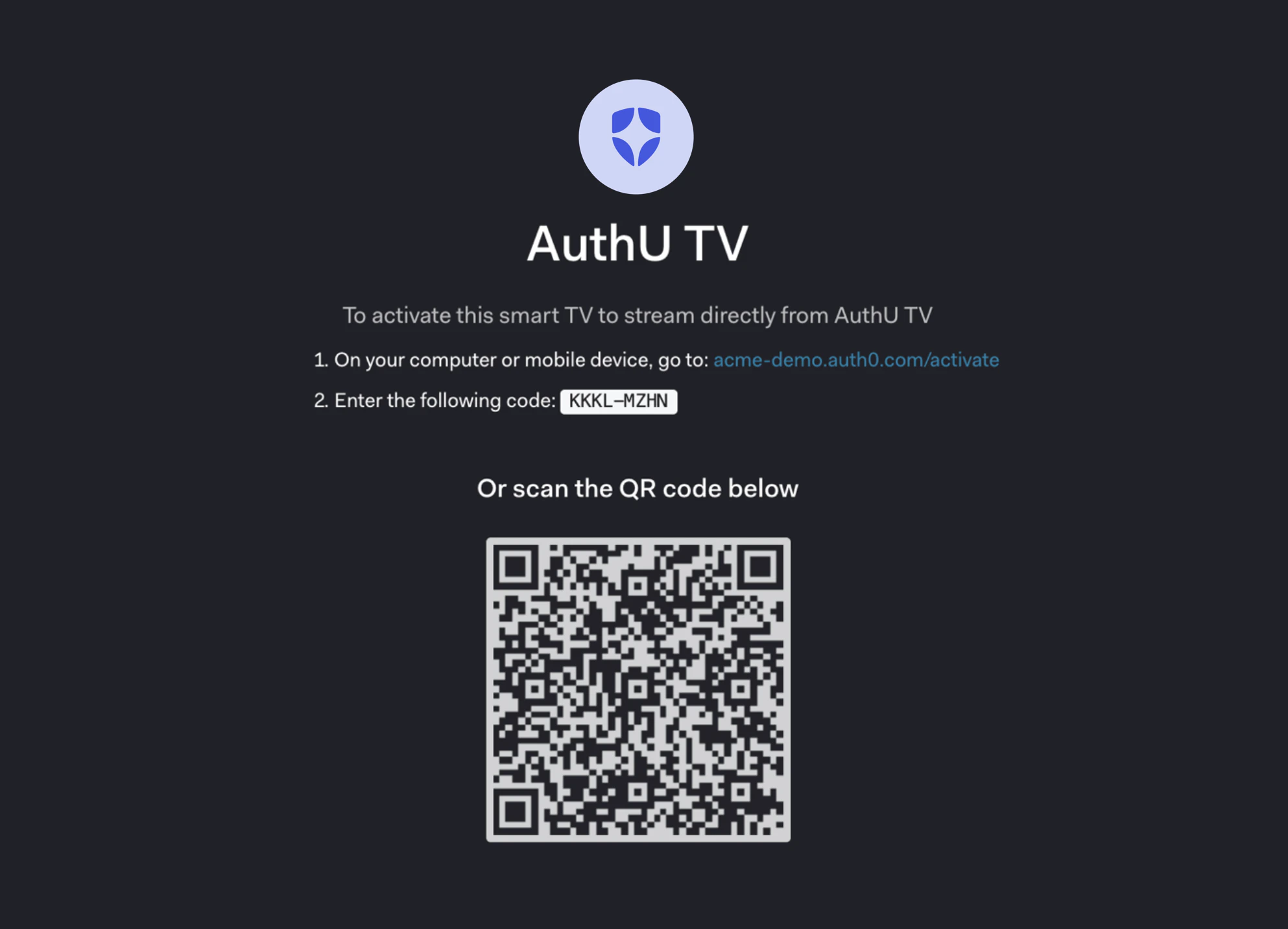 Demande d’activation de l’appareil Auth0 Flows, exemple de page montrant deux méthodes d’activation, user_code et code QR