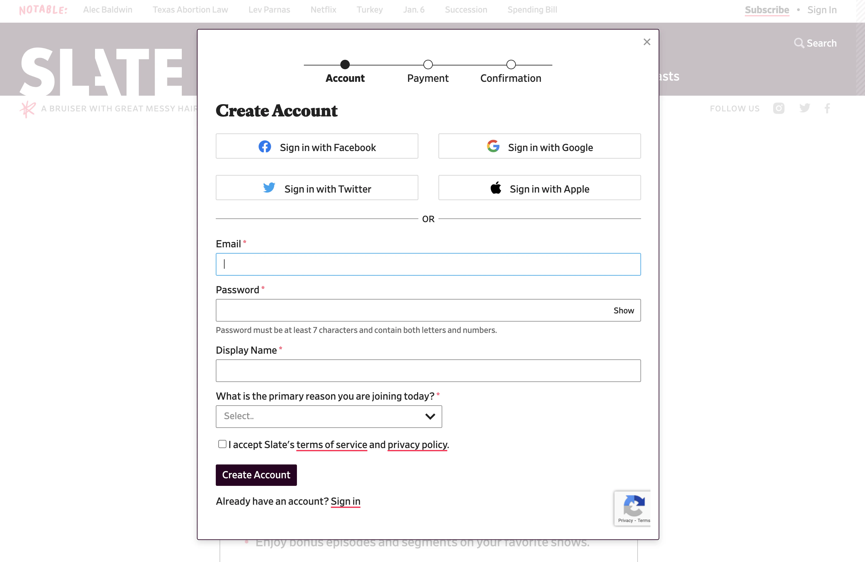 Screenshot of Slate magazine login